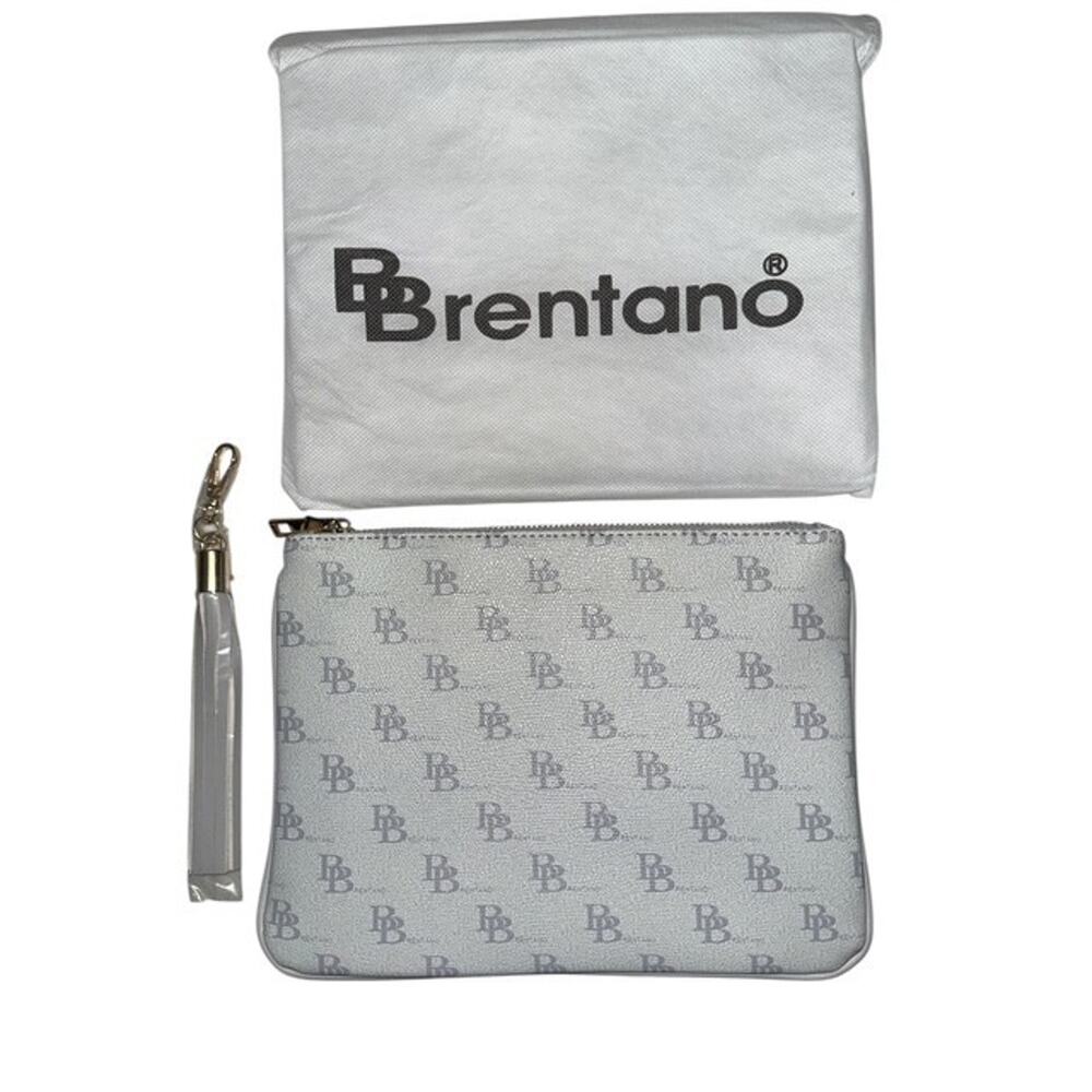 Brentano Clutch Bag Purse Light Gray Logo Print Gold Zipper Pocket Tassel Handle